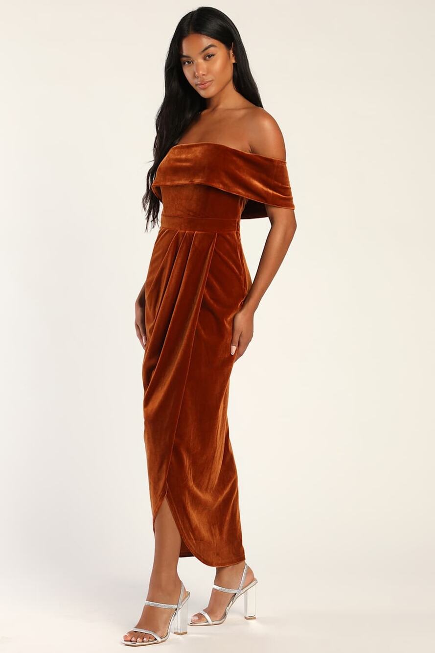 NWT Lulus I'm Enchanted Rust Orange Velvet Off-the-Shoulder Maxi Dress Gala L